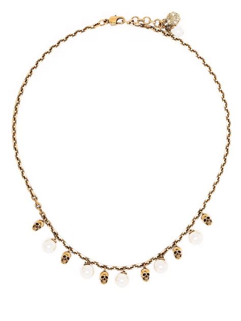 Alexander Mcqueen Skull Detail Pearl Embellished Necklace Gold