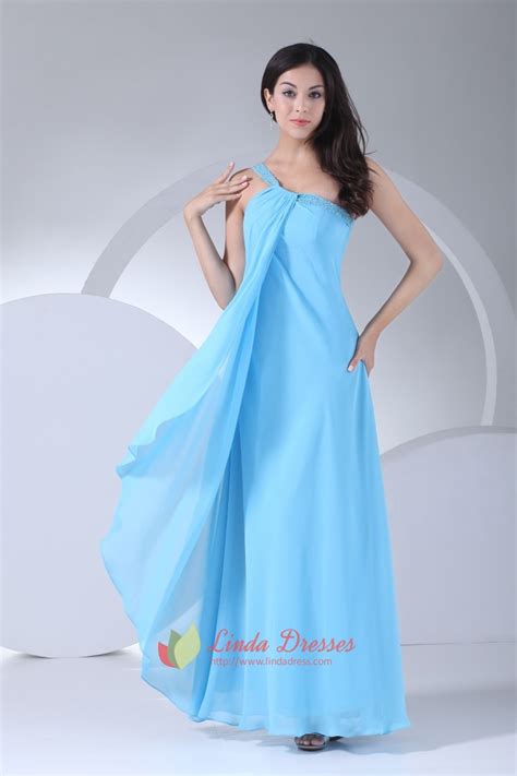 Aqua Blue Chiffon Prom Gown Floor Length One Shoulder Bridesmaid Dress | Linda Dress