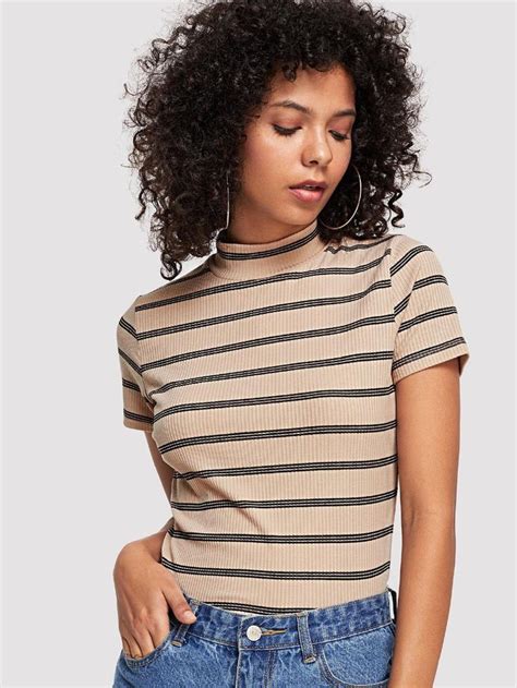 Mock Neck Rib Knit Striped Tee Shein Sheinside Turtle Neck Fits High