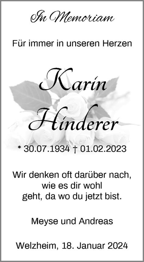 Traueranzeigen Von Karin Hinderer Zvw Trauer