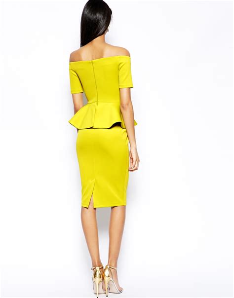 Lyst Asos Bardot Peplum Hem Midi Dress In Yellow