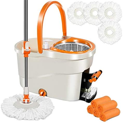 Spin Mop Bucket With Wringer Set By Foot Pedal 4pcs Microfiber Mop