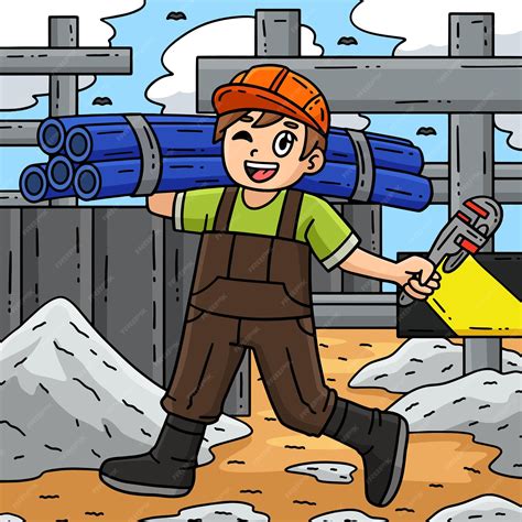 Premium Vector | Construction Plumber with a Pipe Colored Cartoon