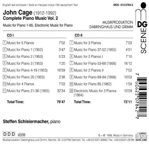 C M D Cage Complete Piano Music Vol 2 CD