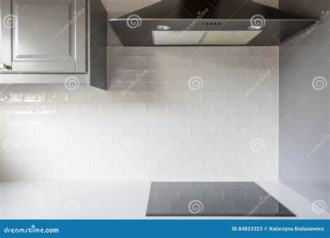 Kitchen with White Brick Tiles Stock Image - Image of countertop ...