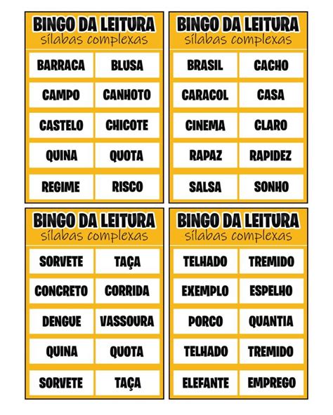 Recurso Pedag Gico Bingo Da Leitura S Labas Complexas In