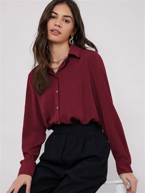 Burgundy Casual Collar Long Sleeve Fabric Plain Shirt Embellished Non