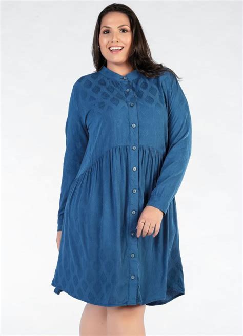 Vestido Plus Size Azul Com Botões Mink