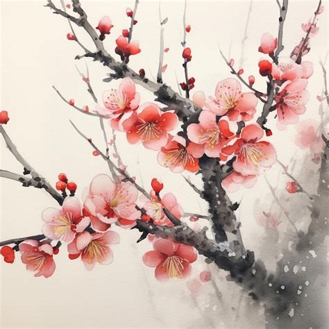 Premium AI Image | a painting of a cherry blossom tree with pink flowers.