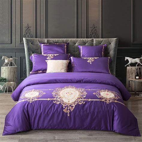 100 Cotton Purple Embroidery Palace Royal Luxury Bedding Set 4pcs