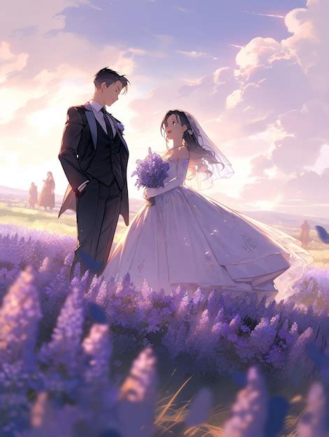 Premium Photo | Anime wedding couple in lavender field with flowers in ...