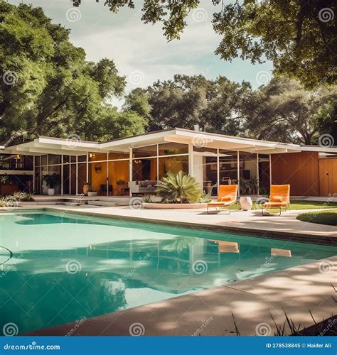 American Mid Century Modern House Featuring A Swimming Pool Ai Stock