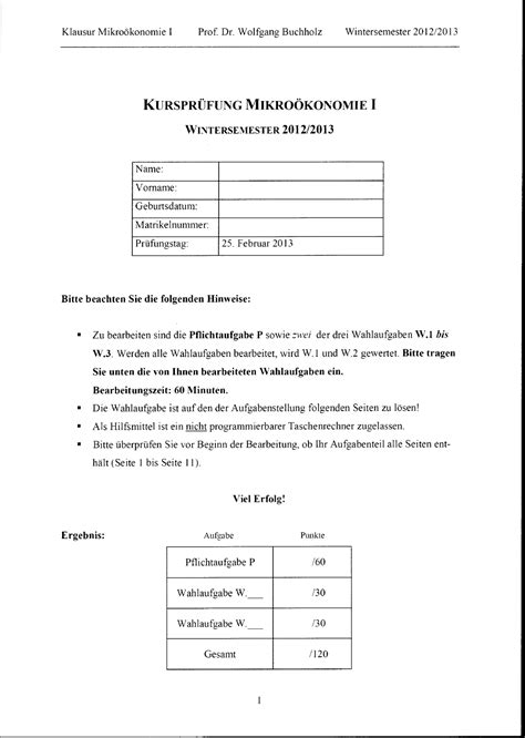 Klausur 25 Februar Wintersemester 2012 2013 Fragen Klausur I Prof