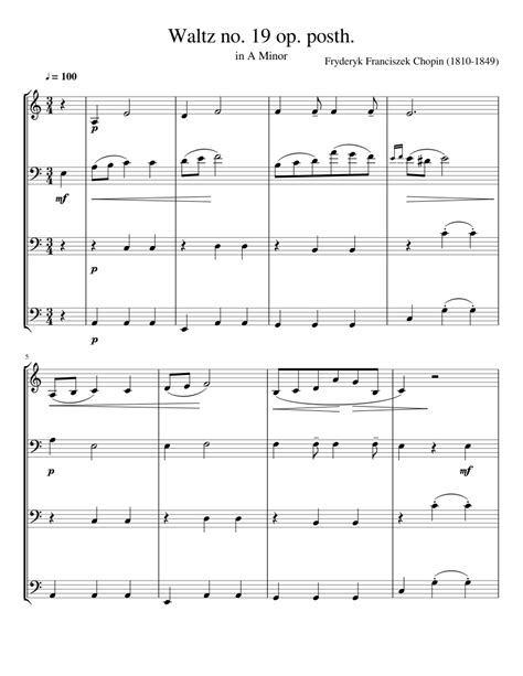 Waltz No 19 Op Posth In A Minor Sheet Music For Violin Cello Mixed Quartet