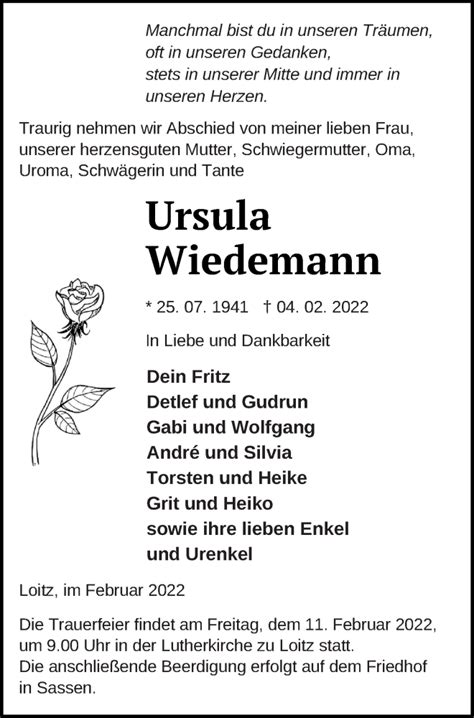 Traueranzeigen Von Ursula Wiedemann Trauer Nordkurier