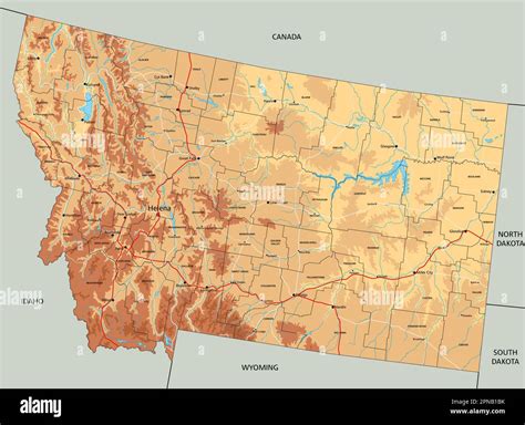 Highly Detailed Montana Physical Map With Labeling Stock Vector Image