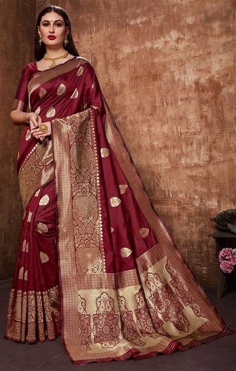 Banarasi Silk Traditional Saree In Red And Maroon With Weaving Etsy