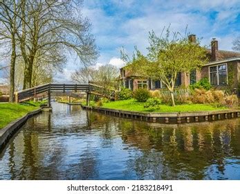 Giethoorn Netherlands City Skyline Canal Traditional Stock Photo