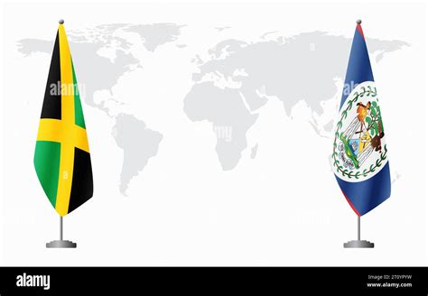 Jamaica And Belize Flags For Official Meeting Against Background Of