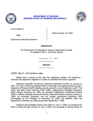 Fillable Online Dod ISCR Case No 07 15281 SSN Department Of Defense