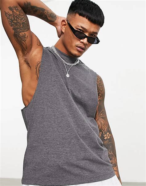 Asos Design Relaxed Sleeveless T Shirt With Dropped Armhole In Charcoal