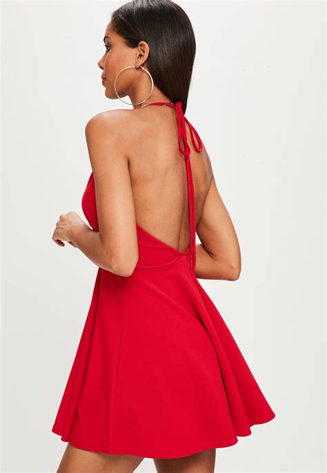 Lyst Missguided Red Scuba Halterneck Skater Dress In Red