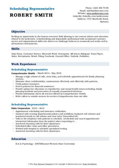 Scheduling Representative Resume Samples Qwikresume