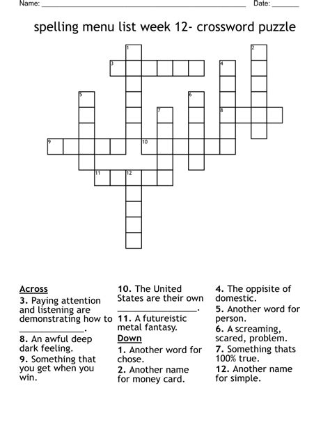 Spelling Menu List Week 12 Crossword Puzzle Wordmint