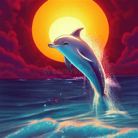 A Dolphin Jumping Out Of Water In Front Of A Colorful Horizon Ai