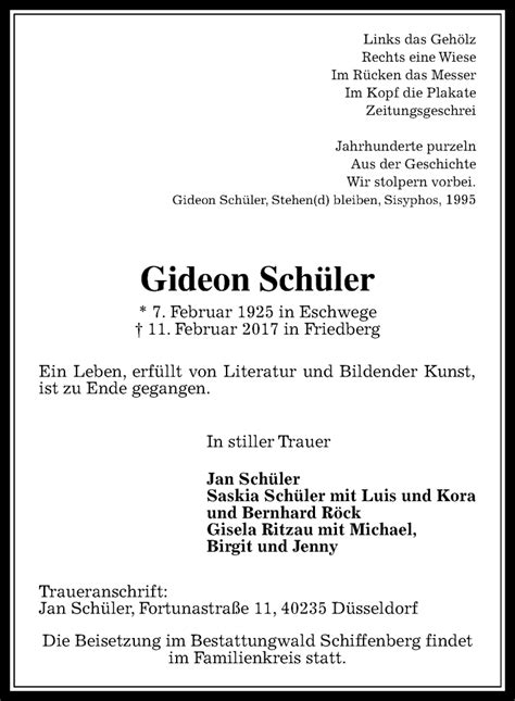 Traueranzeigen von Gideon Schüler vrm trauer de