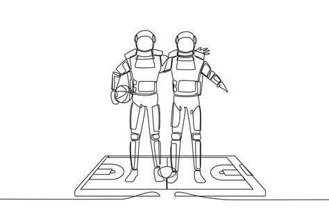 Single One Line Drawing Of Two Basketball Players Astronaut Embrace