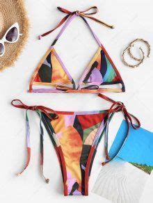 Zaful Graffiti Ribbed String Tanga Bikini Swimwear In Multi Zaful