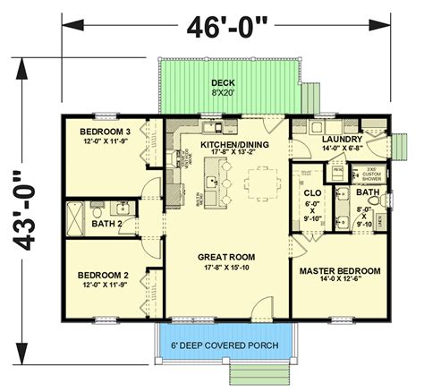 3-Bedroom Country Style House Plan with Large Open Floor Plan - 1334 Sq ...