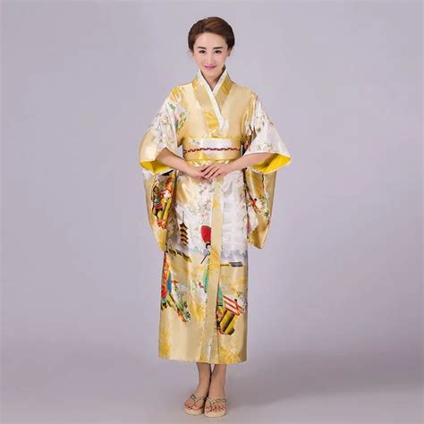 Gold Japanese Lady Traditional Silk Kimono Gown Yukata With Obi Vintage Evening Dress Stage