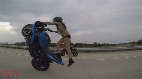 Beautiful Girl Biker Performs Amazing Highway Motorcycle Stunts Riding Long Stunt Bike Wheelies