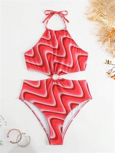 Wave Pattern Ring Linked Halter One Piece Swimsuit Shein Usa