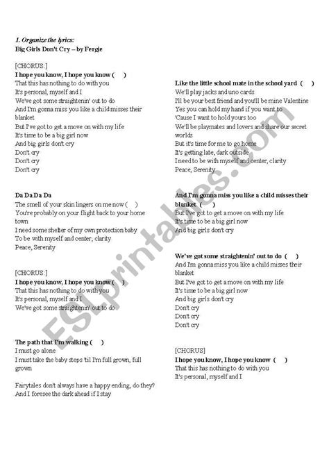 Big Girls Dont Cry Fergie Esl Worksheet By Edyana