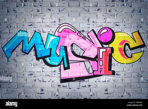 Colorful word MUSIC on brick wall background. Graffiti style Stock ...