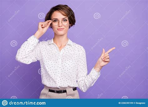 Photo Of Nice Brunette Short Hair Optimistic Lady Point Empty Space