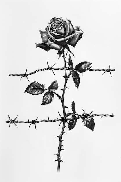 A Black And White Drawing Of A Rose And Barbed Wire Premium Ai