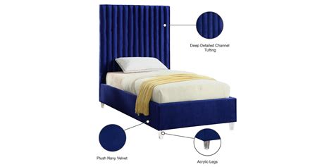 Navy Blue Velvet Channel Tufted Platform Twin Bed Candace Meridian