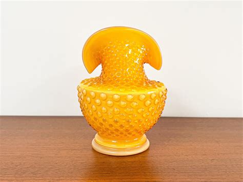 Vintage Yellow Hobnail Glass Vase With Folded Rim Cased White Etsy