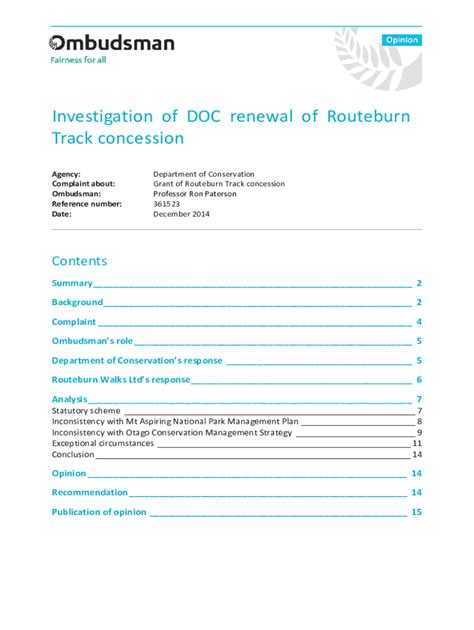 Fillable Online Ombudsman S Investigation Of DOC Renewal Of Routeburn