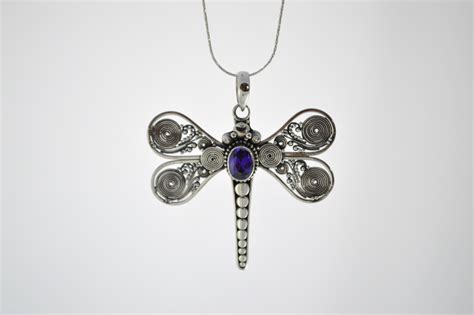 Silver Dragonfly With Amethyst Stone Pendant Bali Mantra