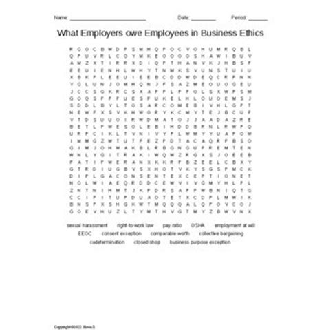 What Employers Owe Employees In Business Ethics Vocabulary Word Search Amped Up Learning