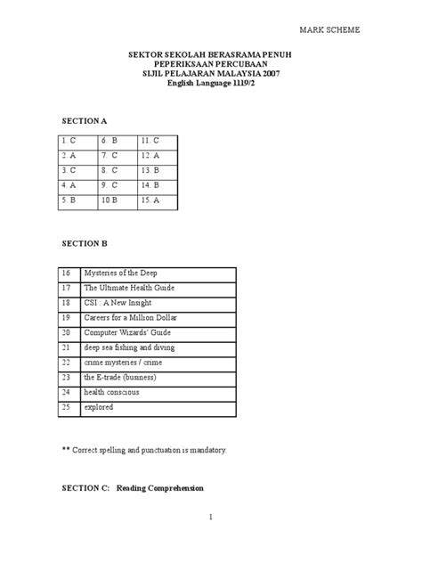 Spm Percubaan 2007 Sbp English Language Paper 2 Marking Scheme Pdf