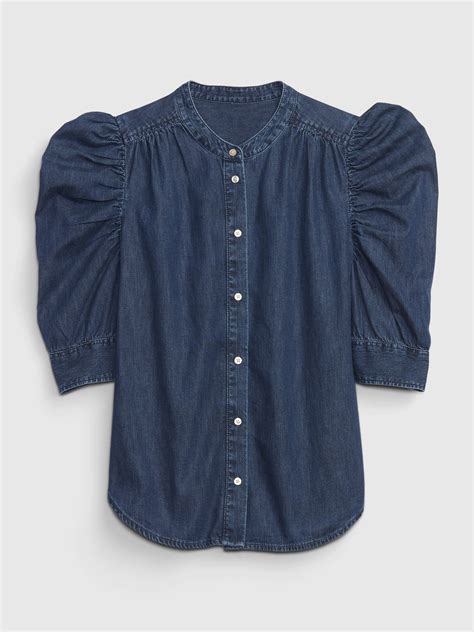 Puff Sleeve Denim Shirt With Washwell Gap