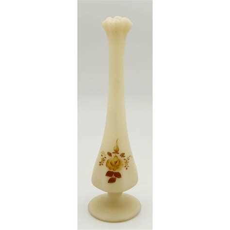 Fenton Satin Cream Custard Glass Swung Stretched Pedestal Bud Vase Hand Painted Brown Roses