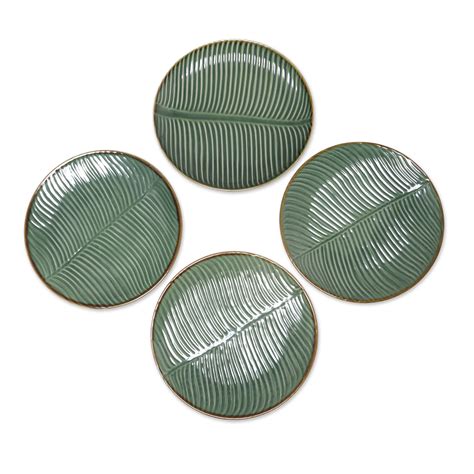 UNICEF Market Ceramic Banana Leaf Dinner Plates Set Of 4 From Bali