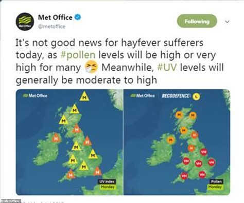 Uk Weather Hay Fever Warning As Britain Is Set For Sun Daily Mail Online